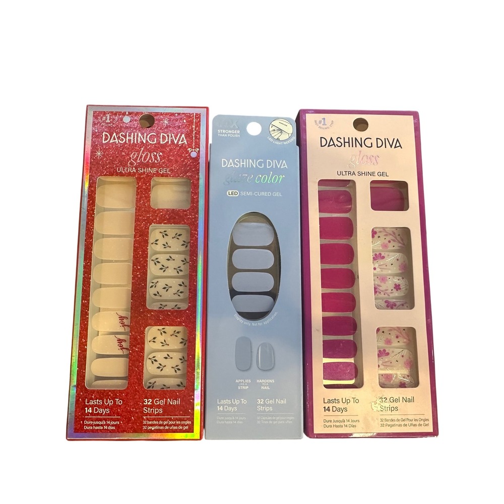 Dashing Diva Gloss and Glaze Gel Nail Strip Bundle 3 Sets Joy Fleur Flair Blue